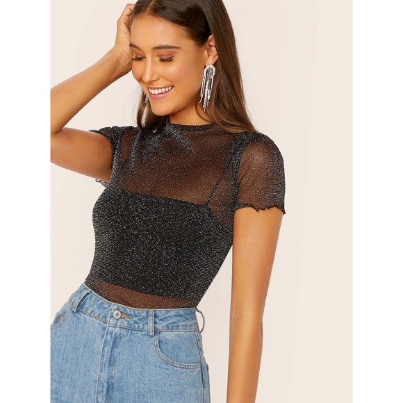 Tops - Glitter Sheer Mesh Lettuce Edge Top black metallic glitter